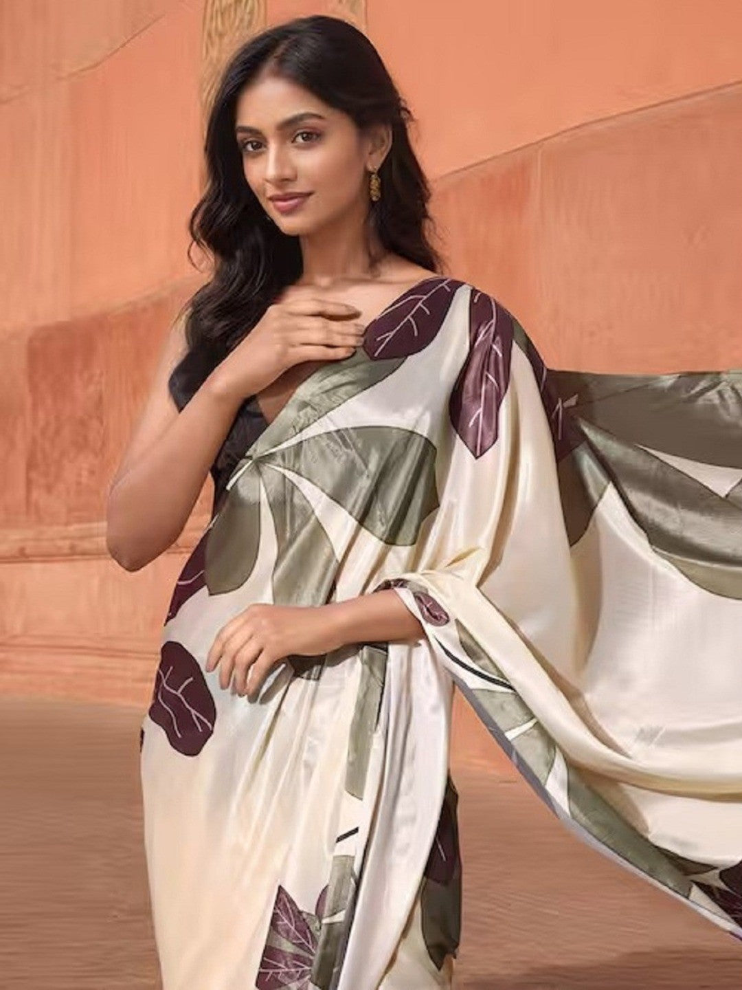 Off White Digital Print Crepe Saree with Black Blouse - Image 2