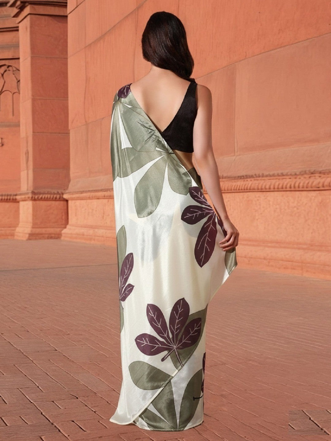 Off White Digital Print Crepe Saree with Black Blouse - Image 3