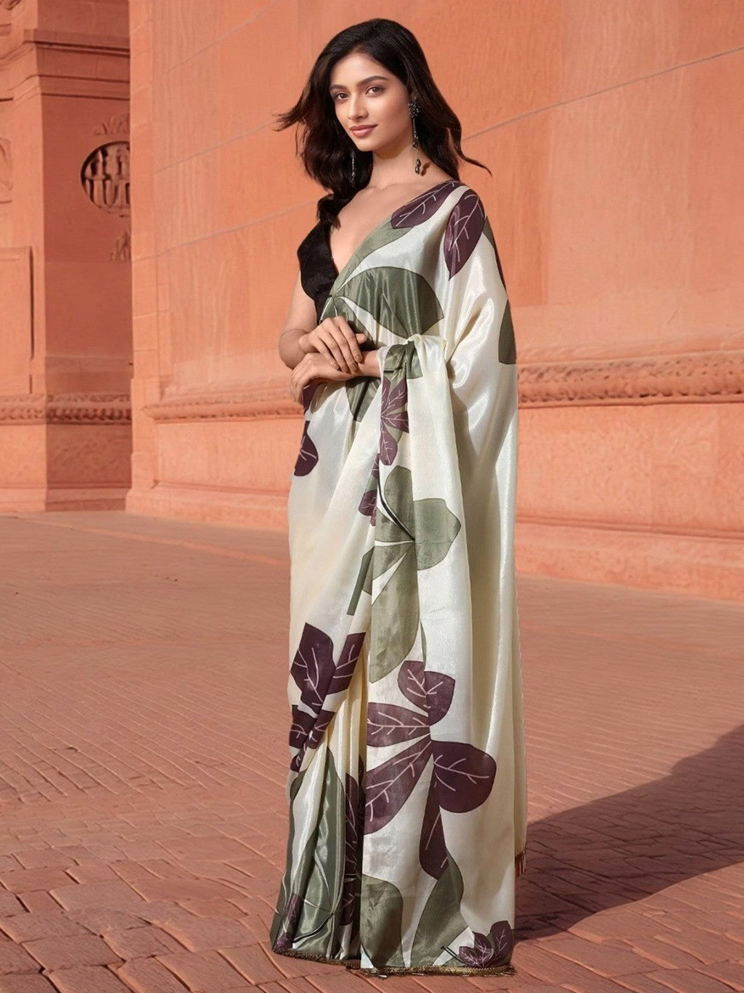 Off White Digital Print Crepe Saree with Black Blouse - Image 4