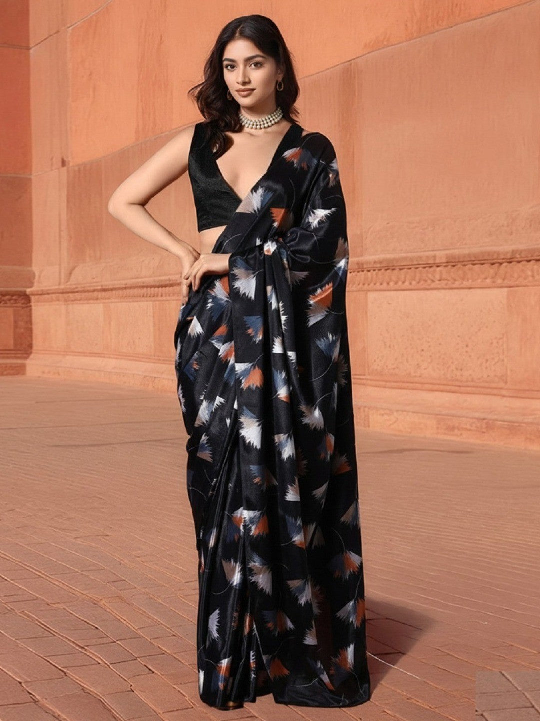 Soft Black Crepe Saree with Abstract Print - Image 1
