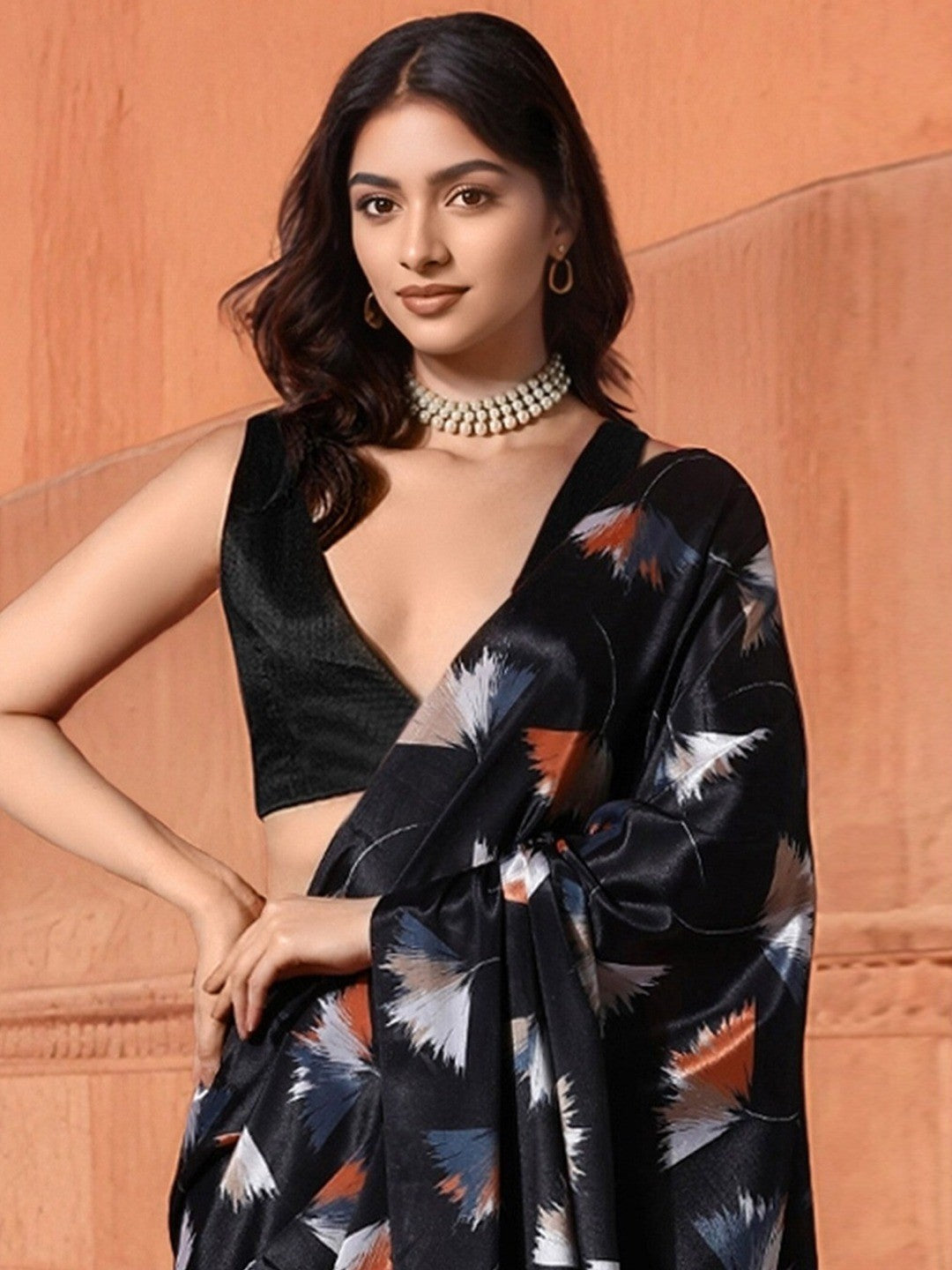 Soft Black Crepe Saree with Abstract Print - Image 2