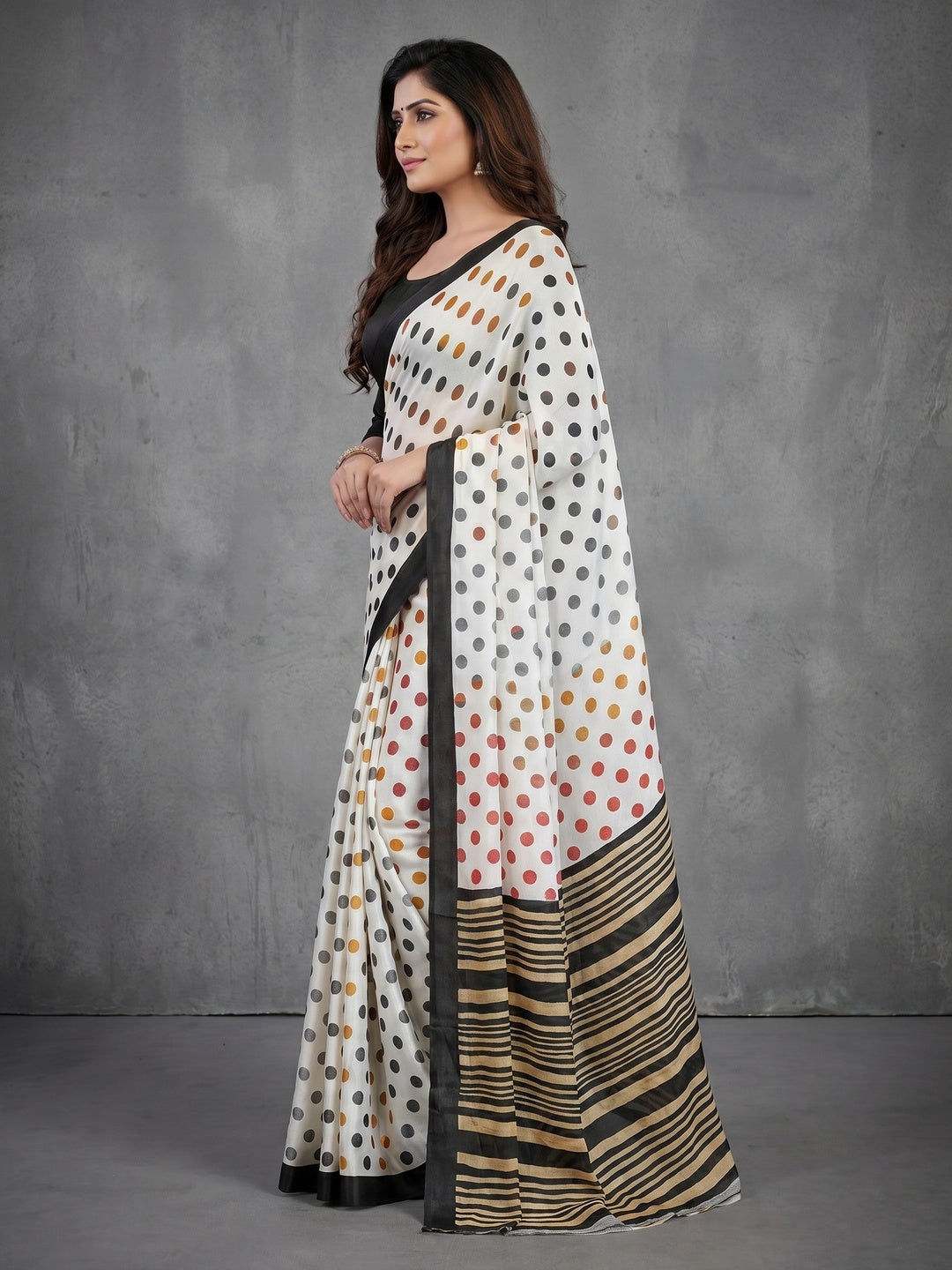 White Polka Dot and Striped Crepe Saree with Black Border - Image 2