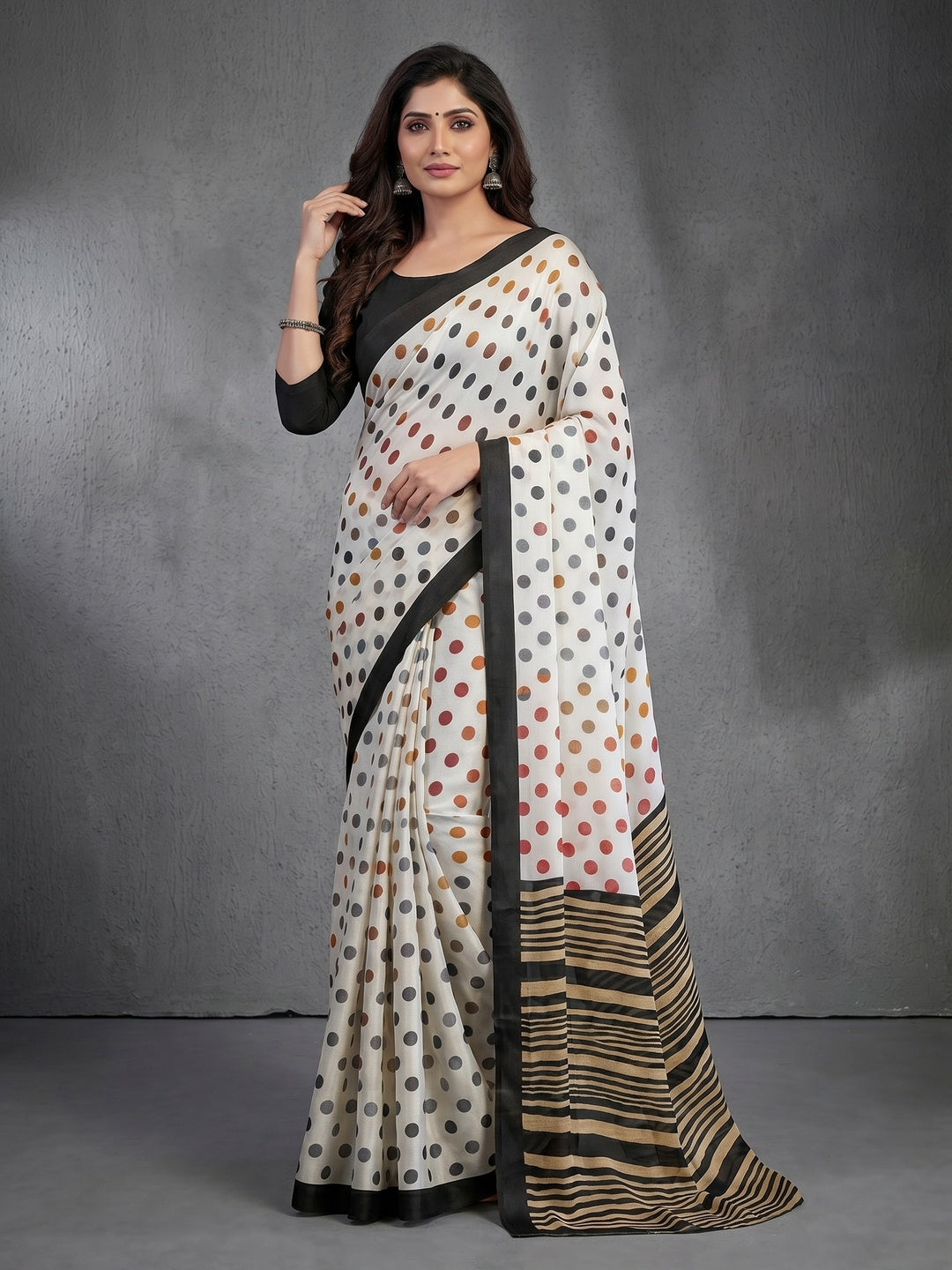 White Polka Dot and Striped Crepe Saree with Black Border - Image 1