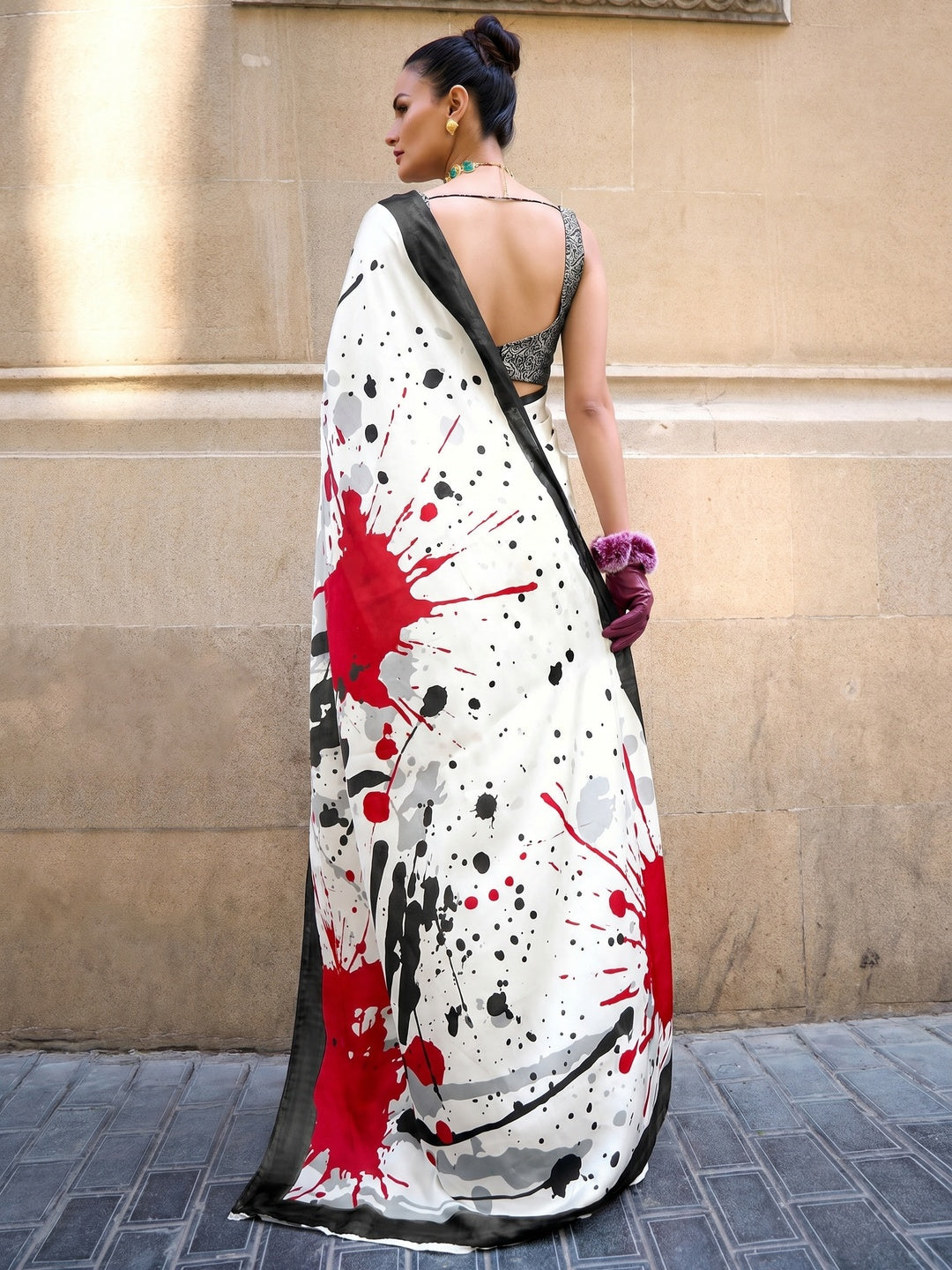 Offwhite Printed Crepe Saree - Image 1