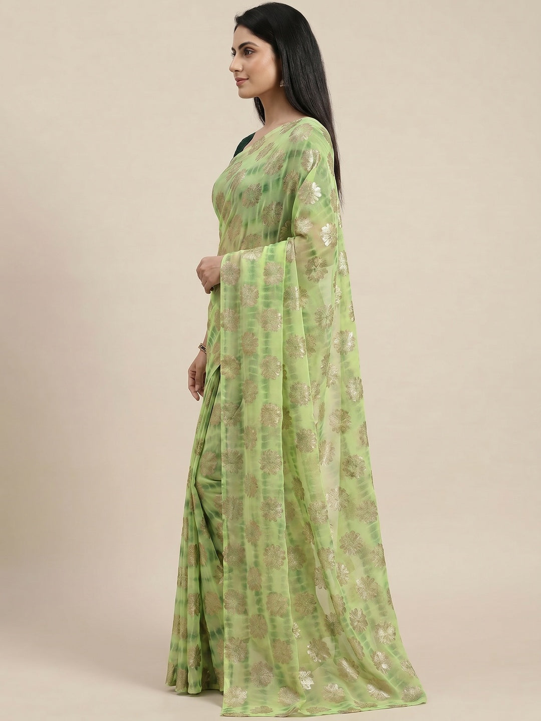 Green Floral Foil Printed Georgette Saree - Image 3