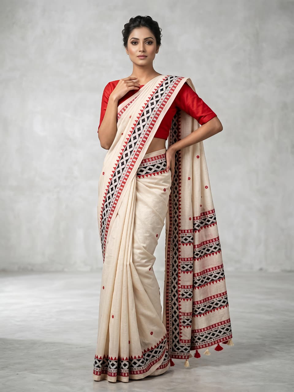 Peachmode Red Assam Silk Saree with Woven Border - Image 1