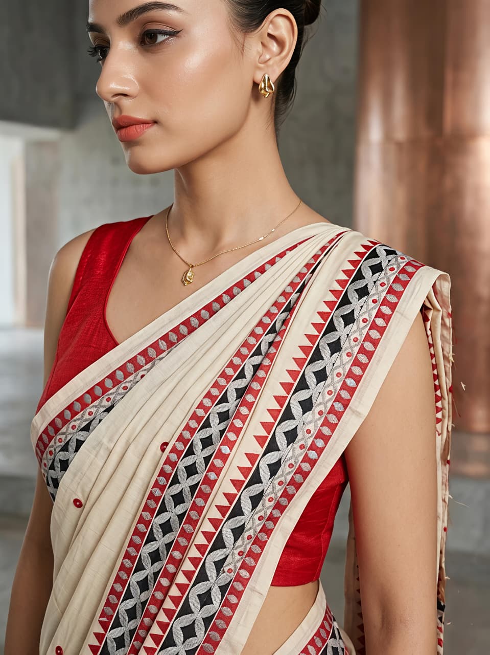 Peachmode Red Assam Silk Saree with Woven Border - Image 2