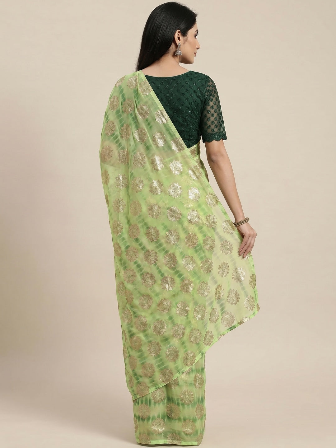 Green Floral Foil Printed Georgette Saree - Image 2