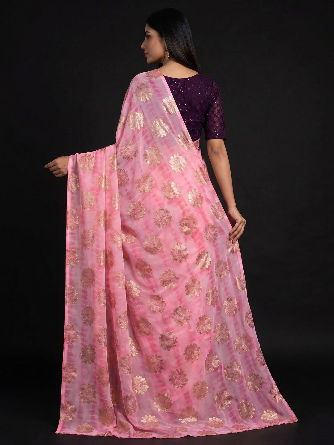 Pink Floral Foil Printed Georgette Saree - Image 2