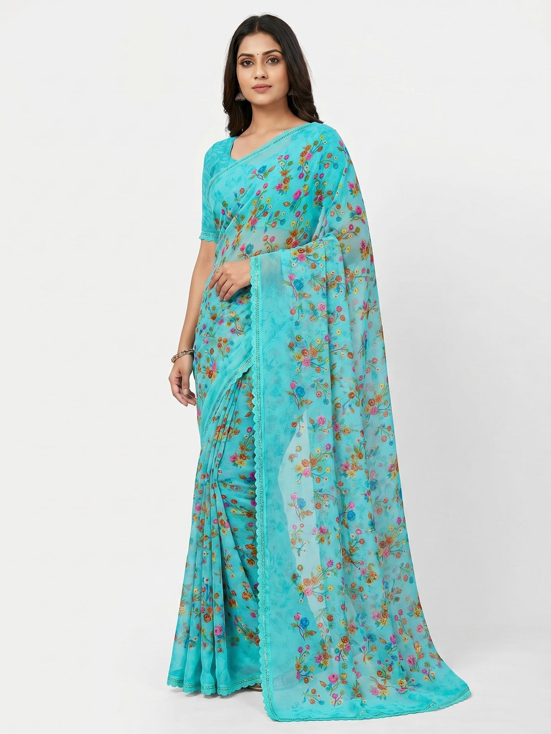 Blue Floral Printed Georgette Saree - Image 1