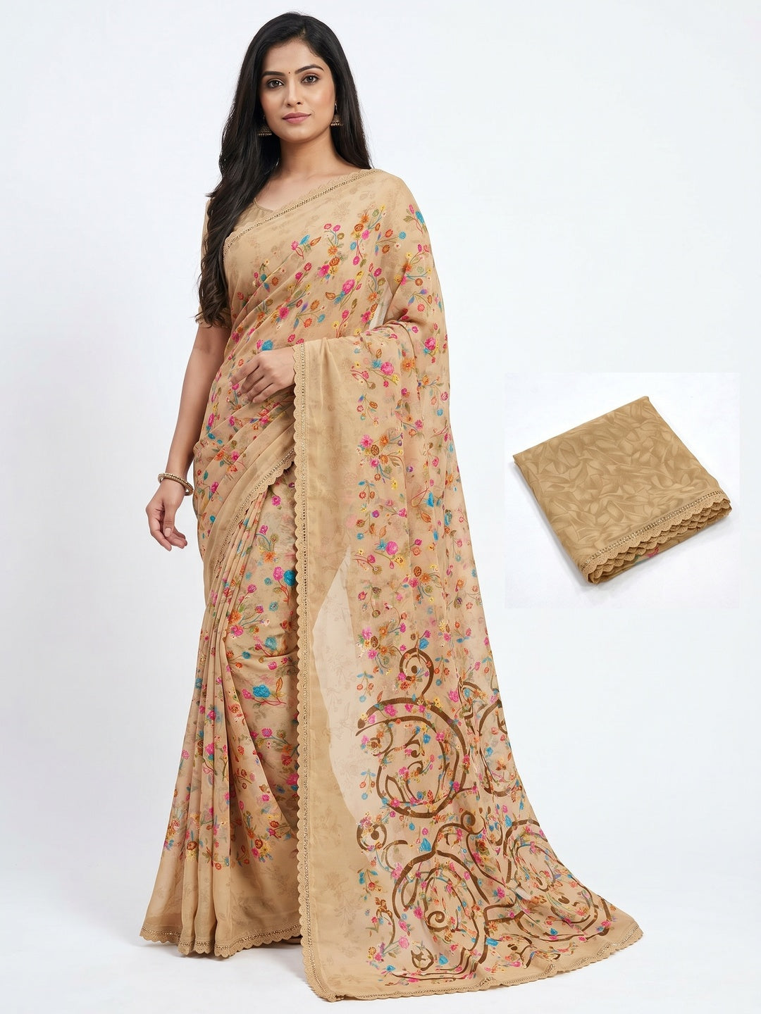Chikoo Floral Printed Georgette Saree - Image 1