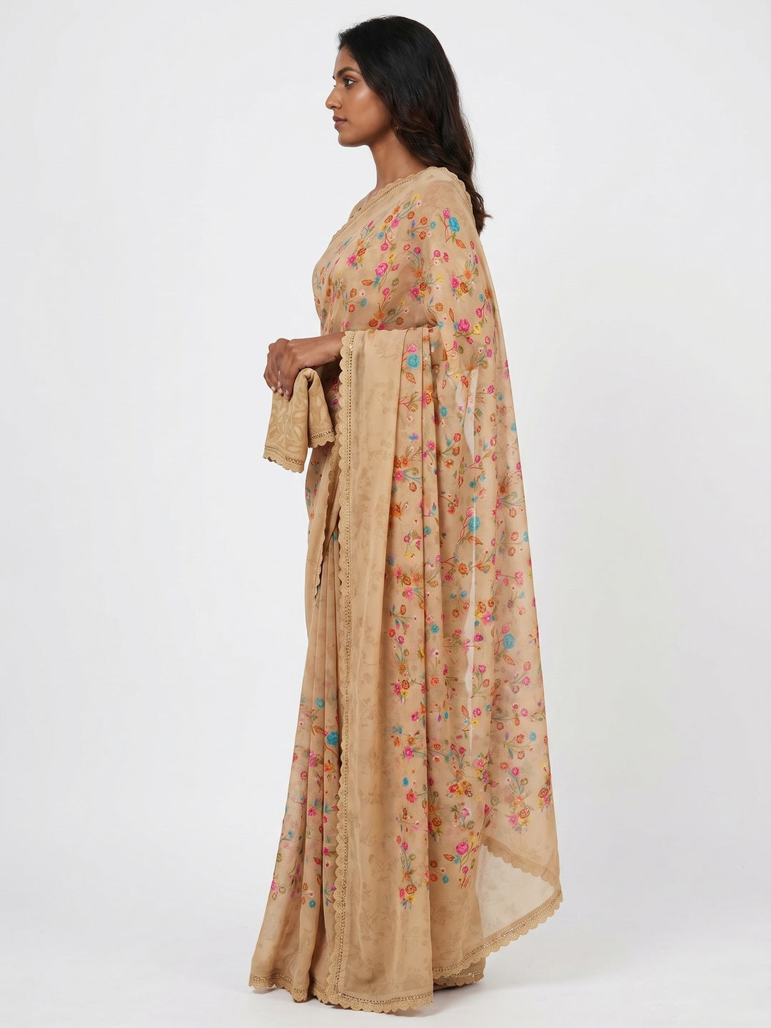 Chikoo Floral Printed Georgette Saree - Image 3