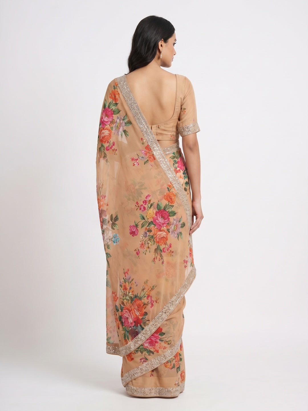 Chikoo Floral Printed Georgette Saree - Image 2