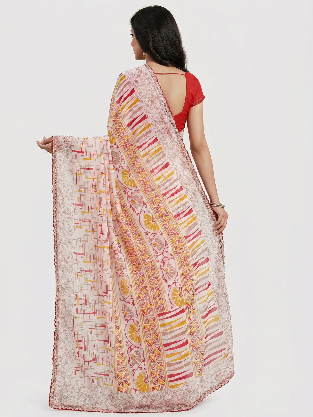 White & Red Geometric Printed Georgette Saree - Image 3