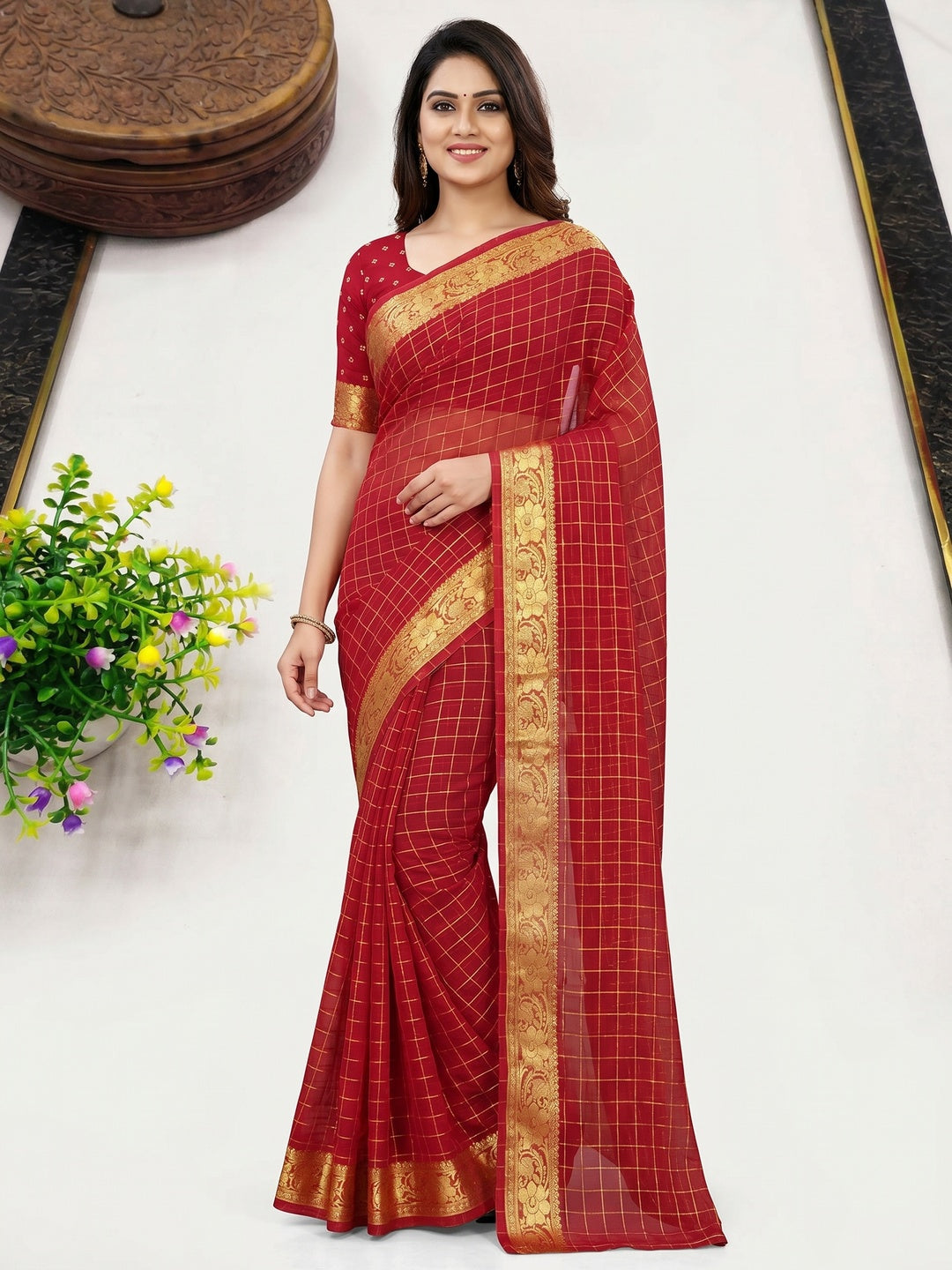 Red Woven Chiffon Saree - Image 1