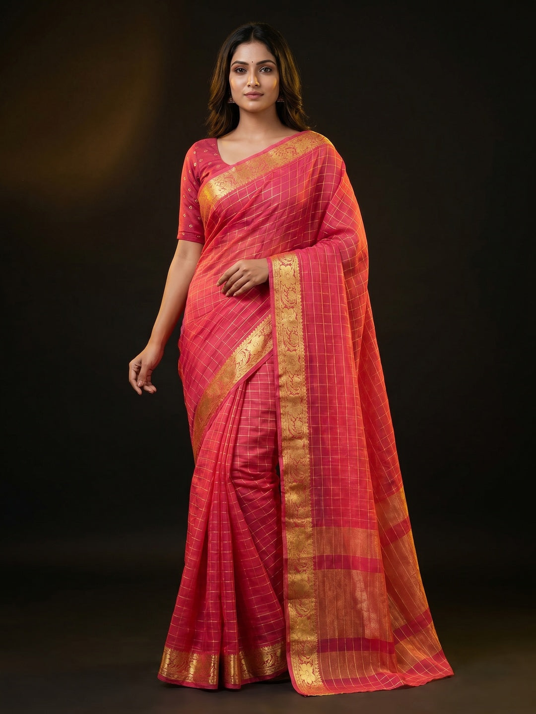 Pink Woven Chiffon Saree - Image 1