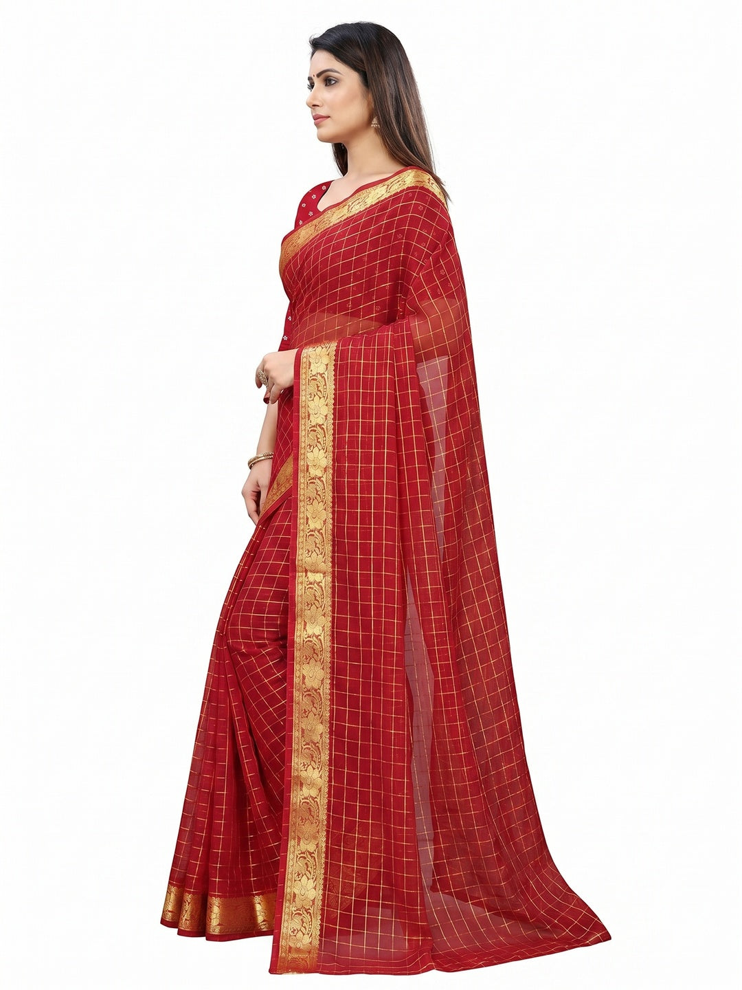 Red Woven Chiffon Saree - Image 3