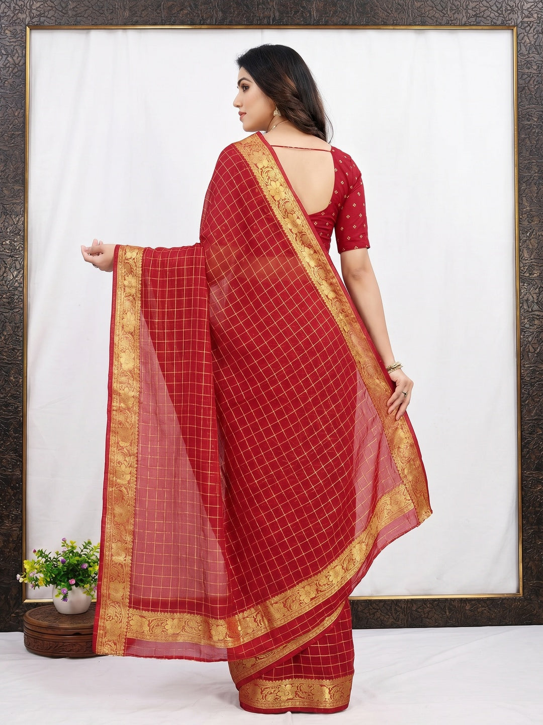 Red Woven Chiffon Saree - Image 2