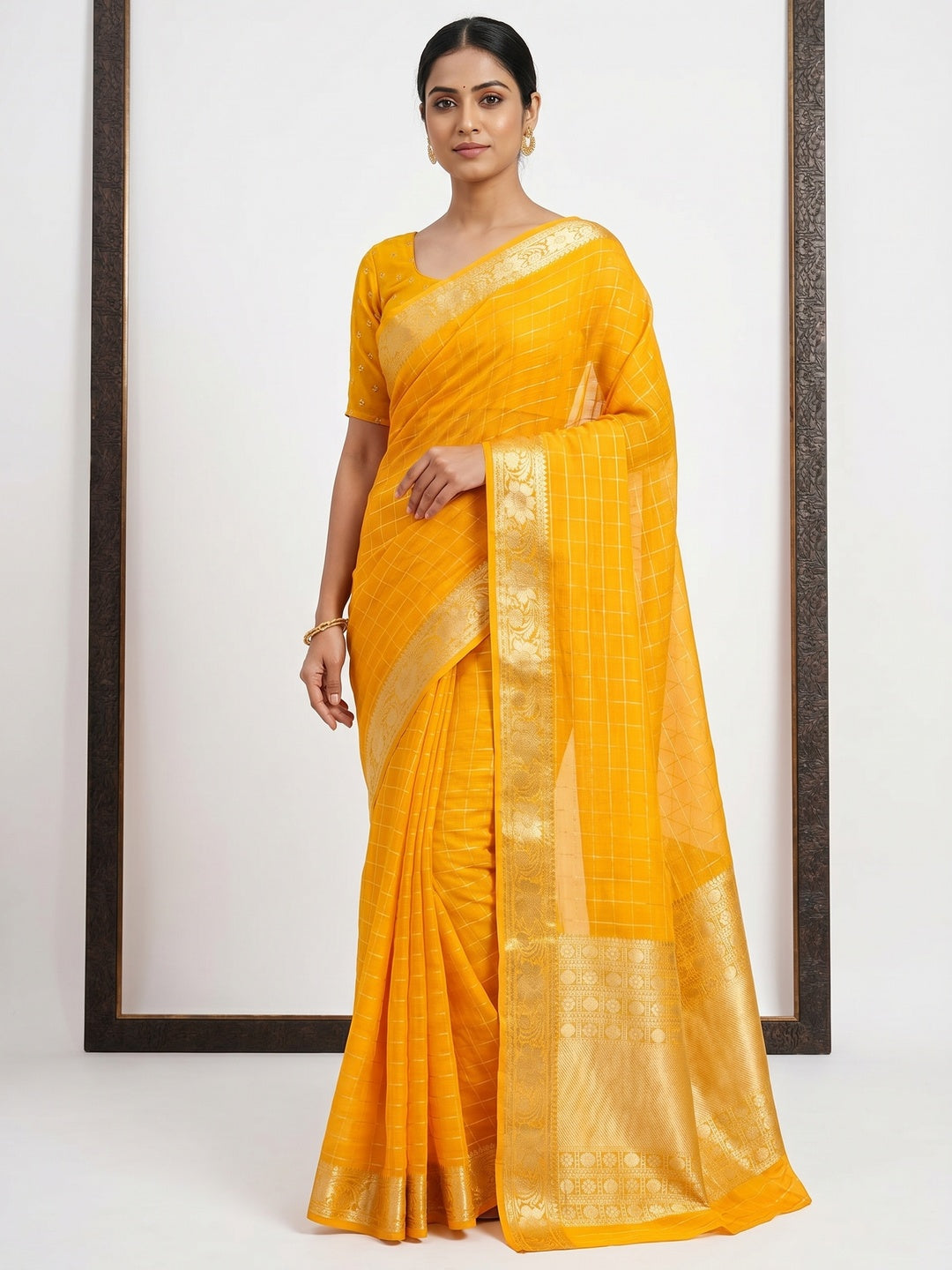 Yellow Woven Chiffon Saree - Image 1