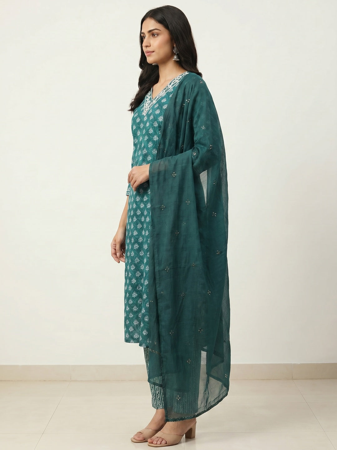 Teal Green Floral Printed Pure Cotton Salwar Suit - Image 2
