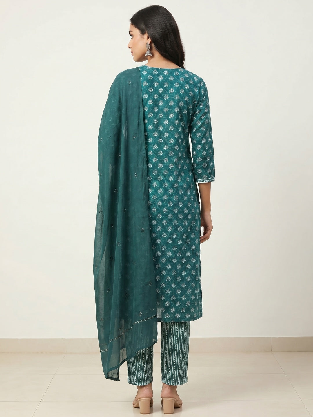 Teal Green Floral Printed Pure Cotton Salwar Suit - Image 3