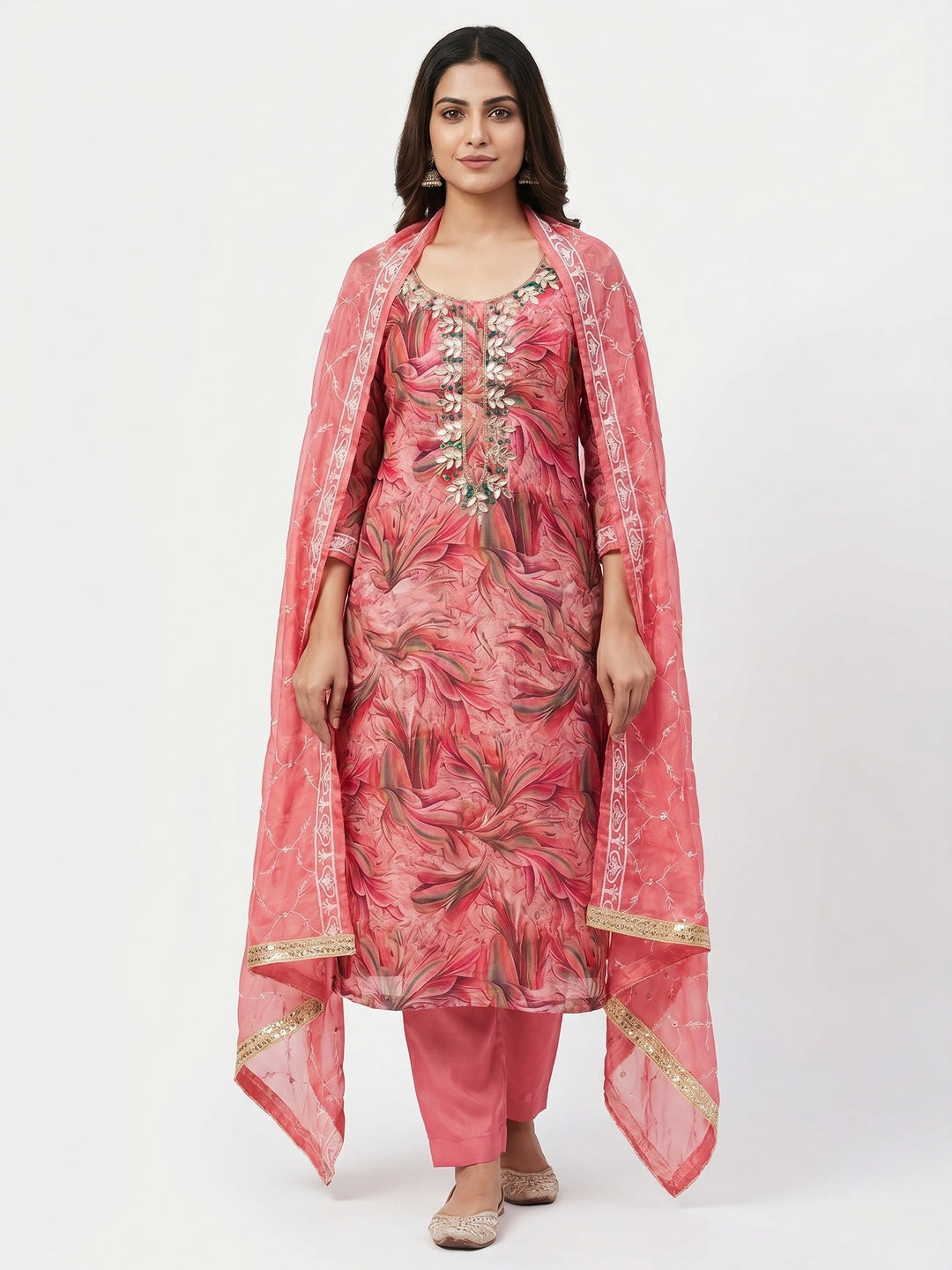 Pink Floral Printed Organza Dress Material - Image 1