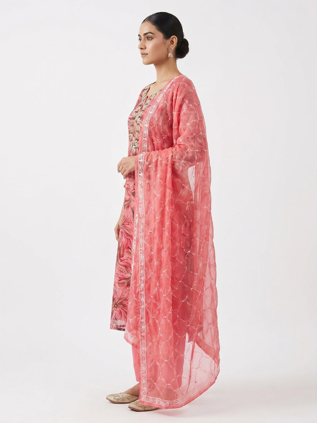 Pink Floral Printed Organza Dress Material - Image 2