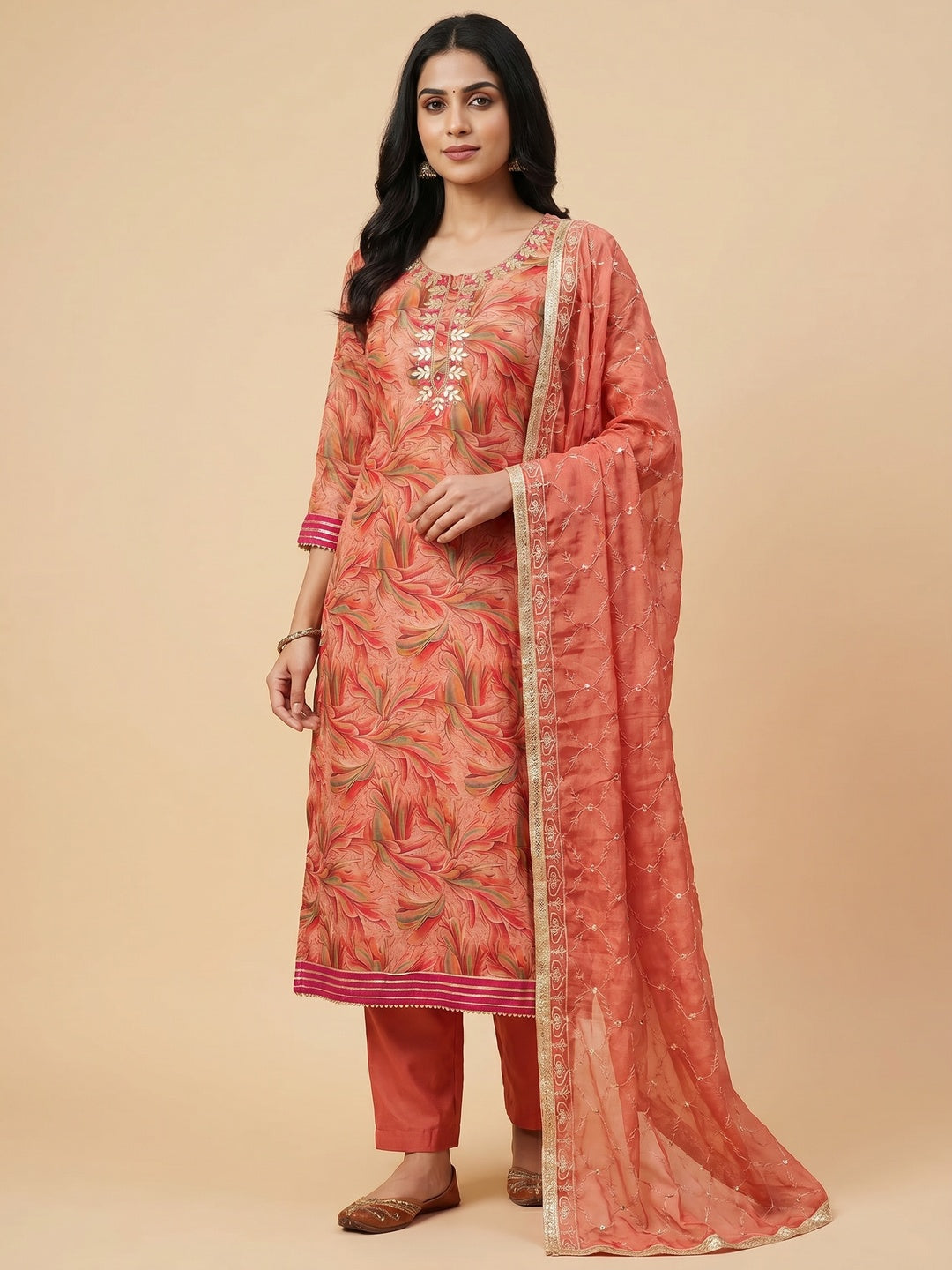 Peach Floral Printed Organza Dress Material - Image 1