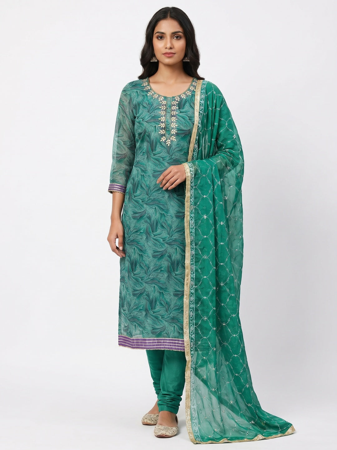 Green Floral Printed Organza Dress Material - Image 1