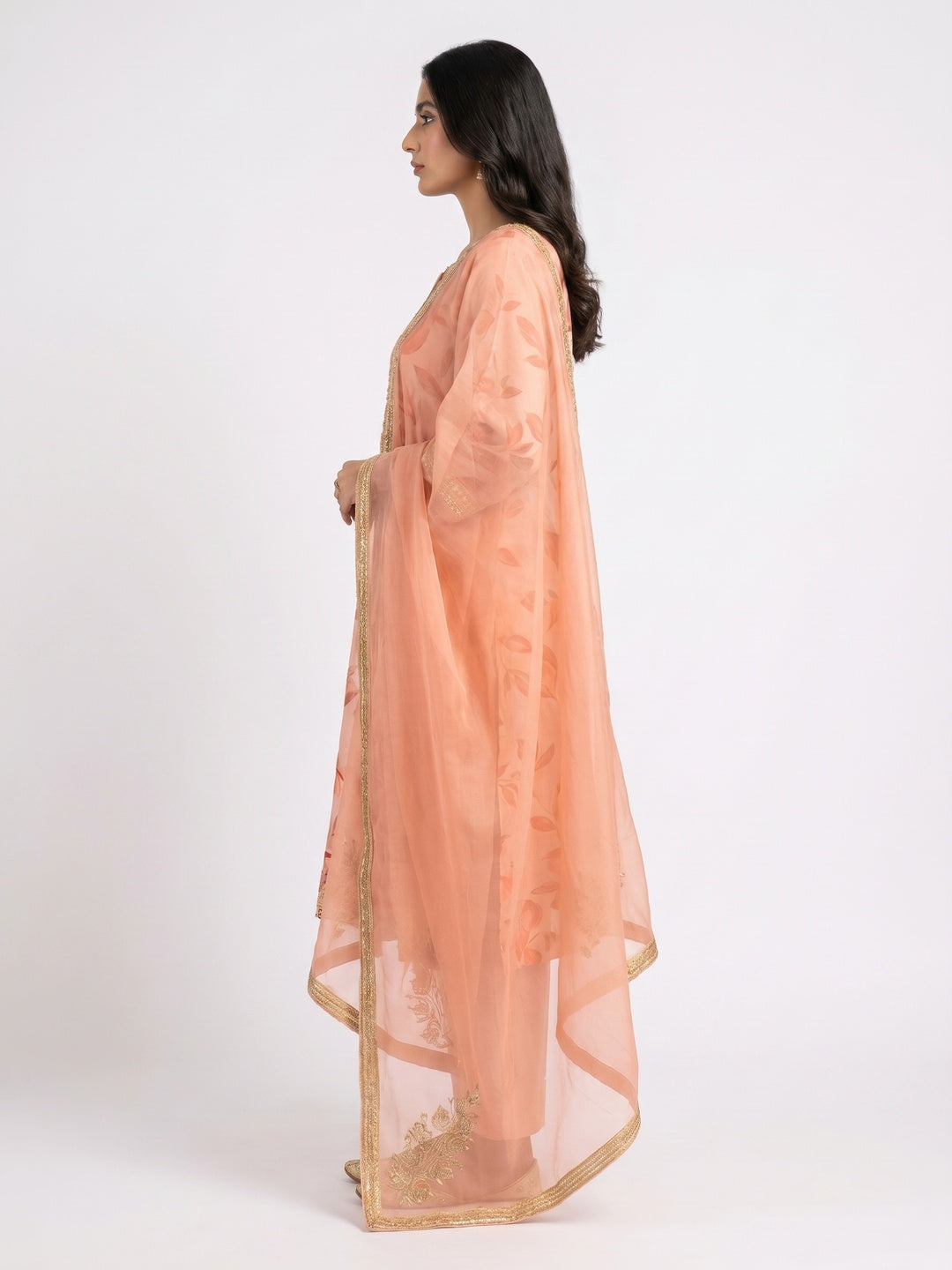 Peach Floral Printed Organza Dress Material - Image 3