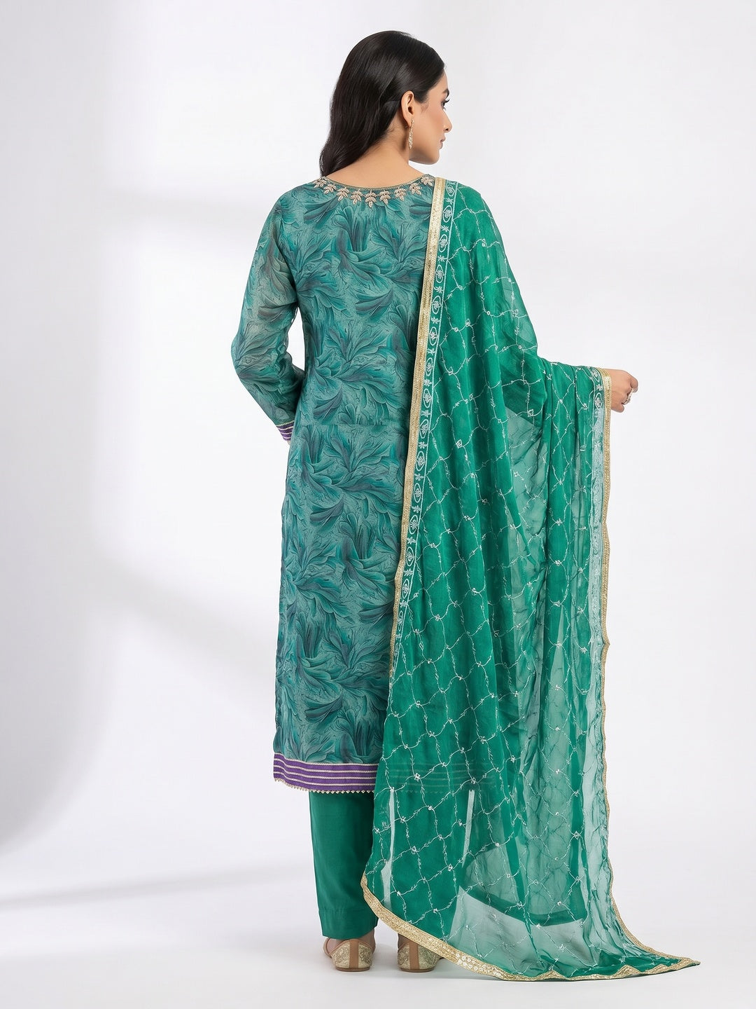Green Floral Printed Organza Dress Material - Image 3