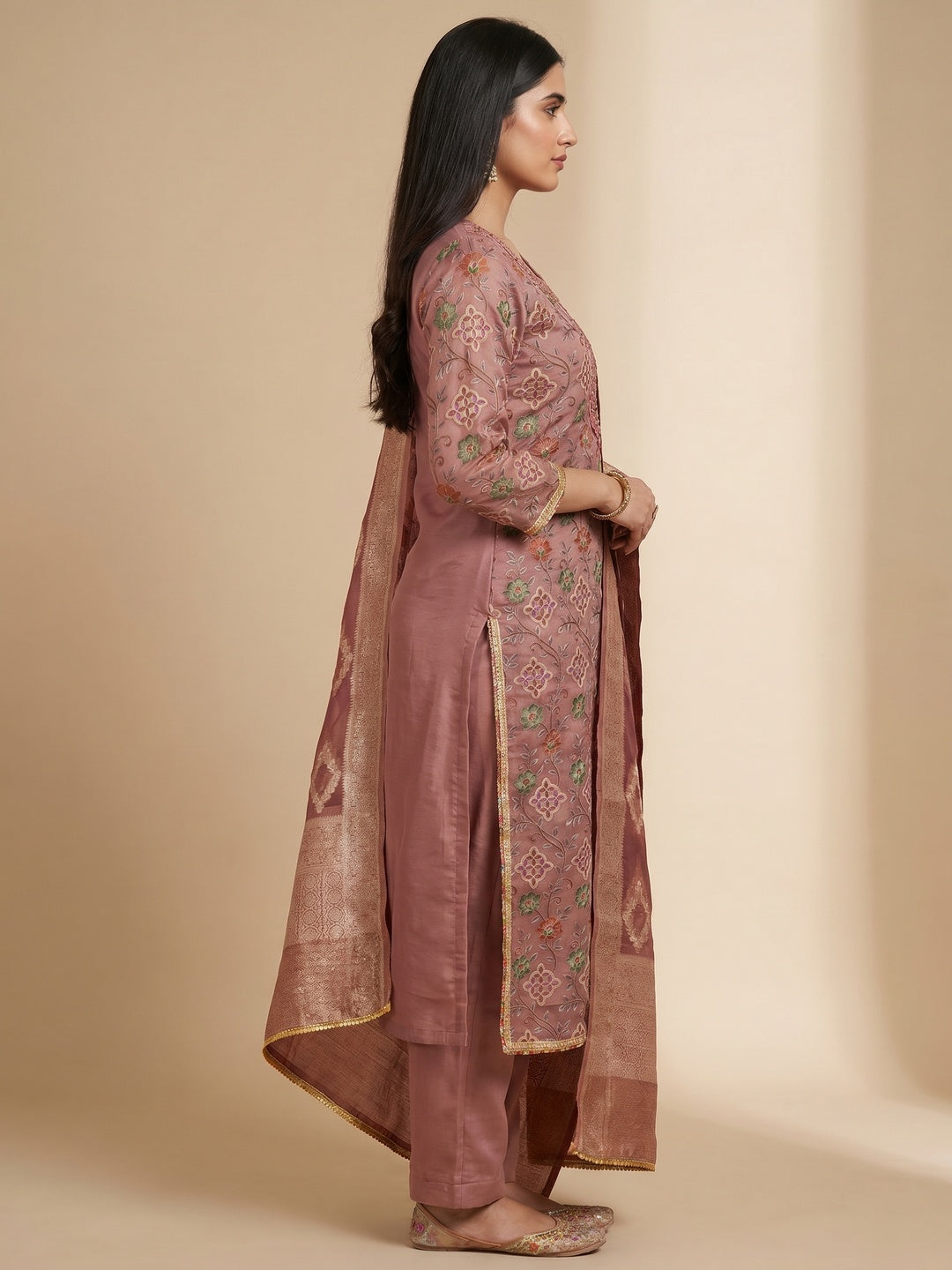 Mauve Floral Printed Organza Dress Material - Image 3