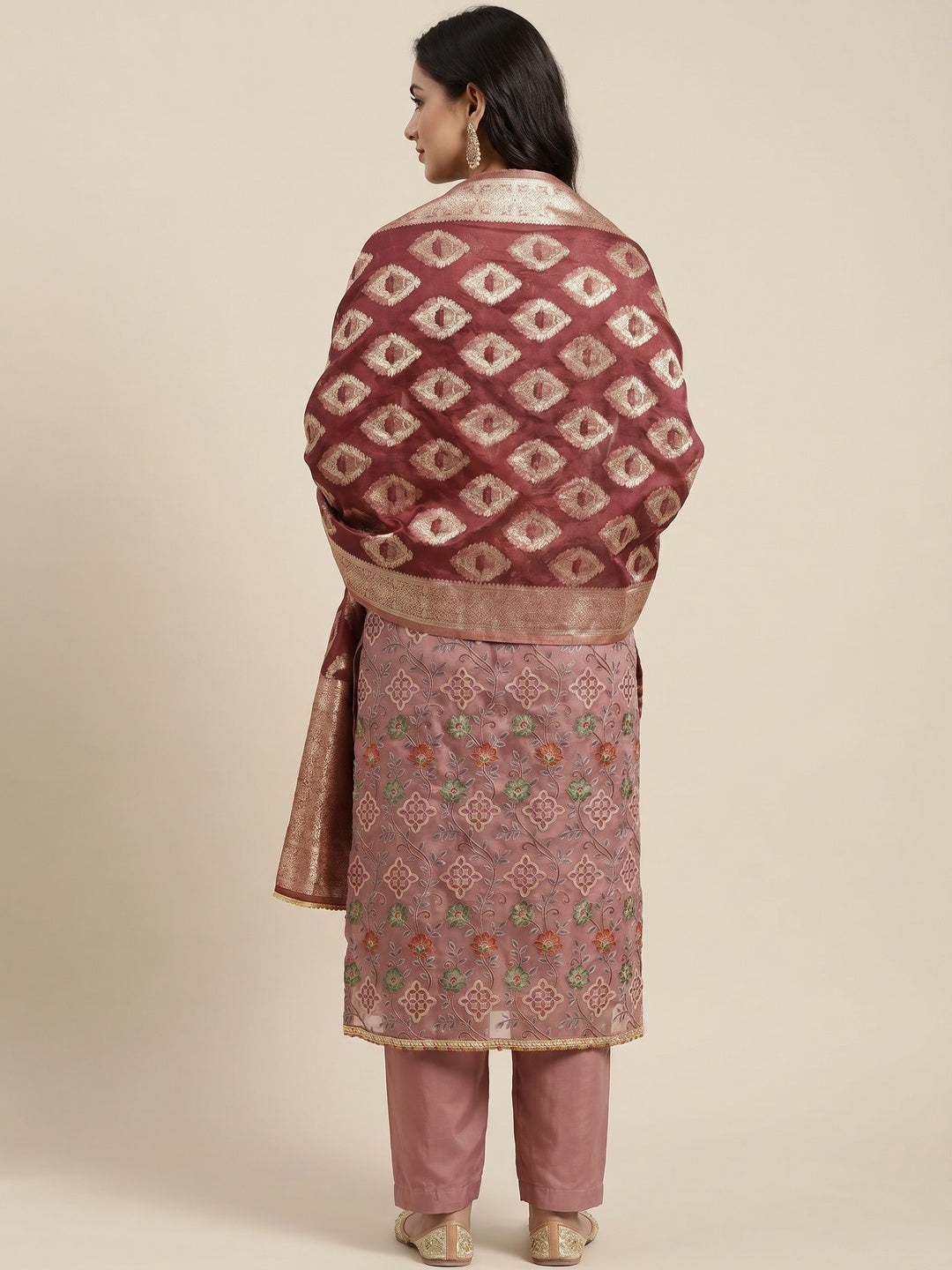 Mauve Floral Printed Organza Dress Material - Image 2