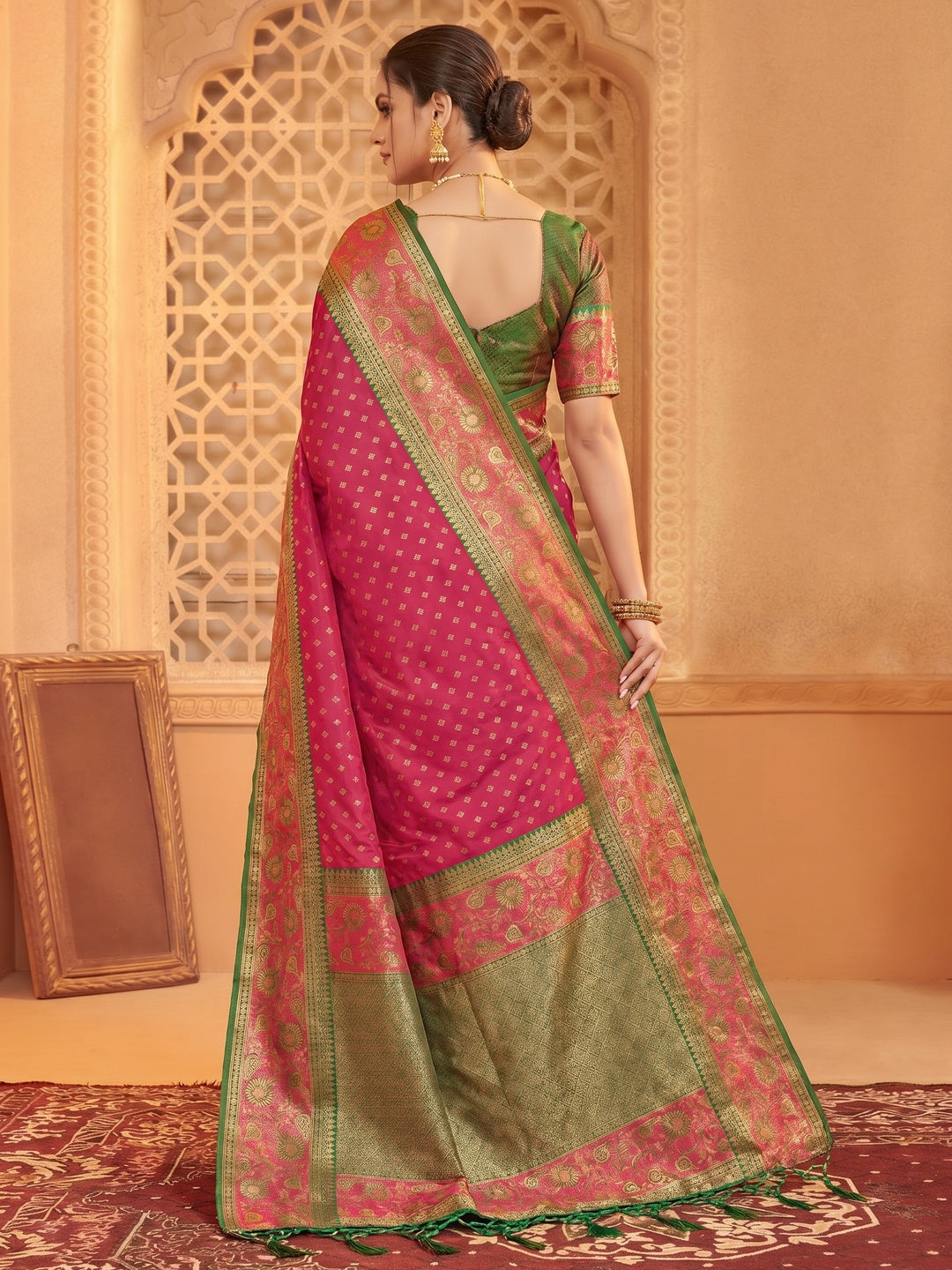 Pink Floral Woven Banarasi Silk Saree With Tassels - Image 1