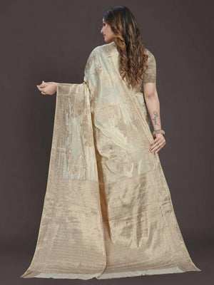 Cream Floral Woven Raw Silk Saree - Image 1