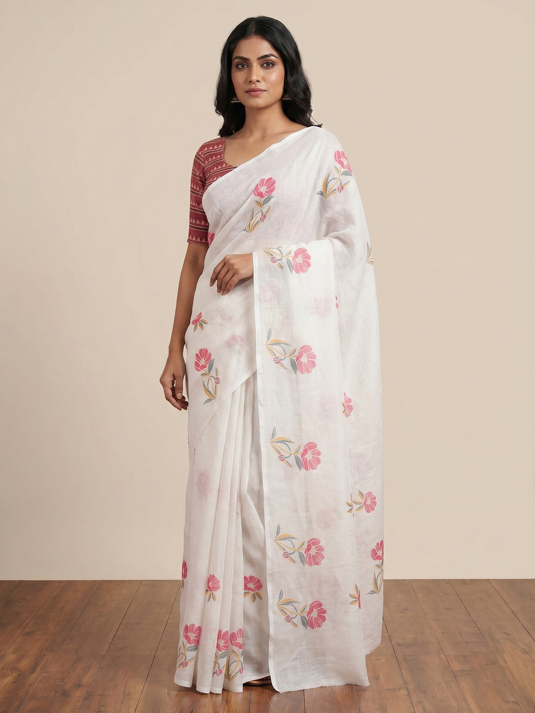 White Floral Digital Printed Linen Saree - Image 1