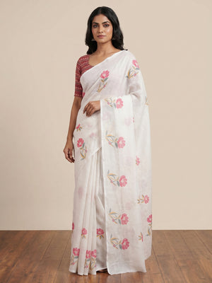White Floral Digital Printed Linen Saree - Image 1