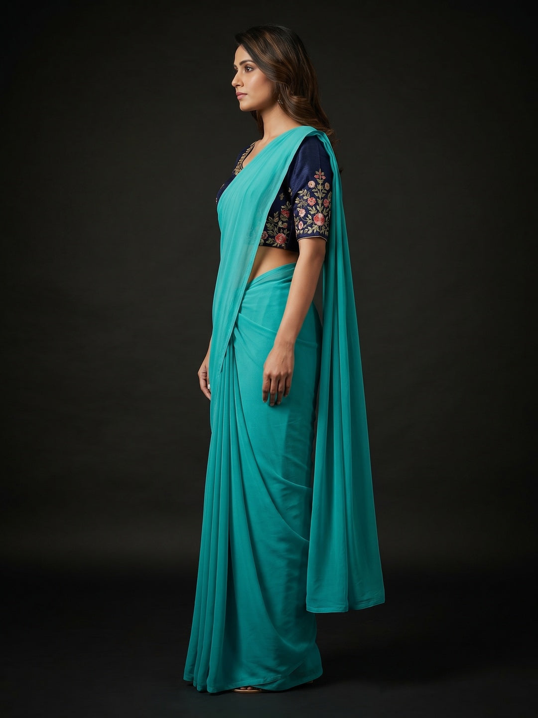 Turquoise Solid Chiffon Saree With Tassels - Image 2