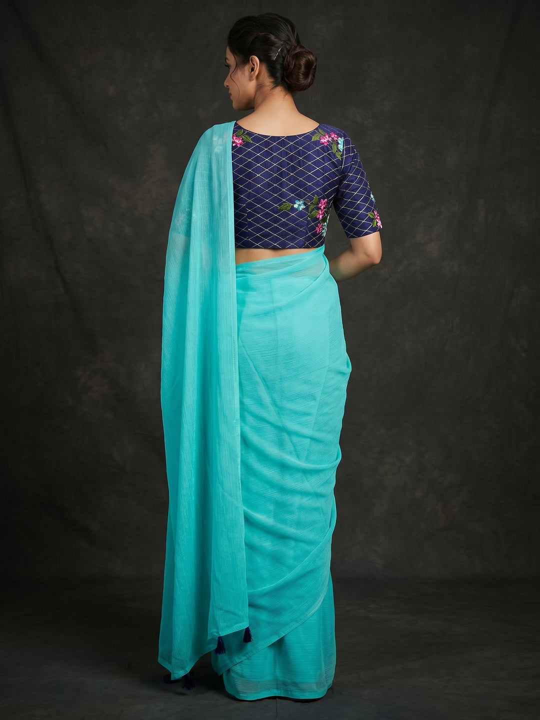 Turquoise Solid Chiffon Saree With Tassels - Image 3