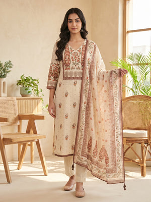 Cream Pure Cotton Floral Printed Salwar Suit Set with Dupatta - Image 2