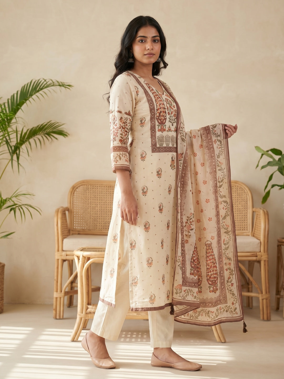 Cream Pure Cotton Floral Printed Salwar Suit Set with Dupatta - Image 4
