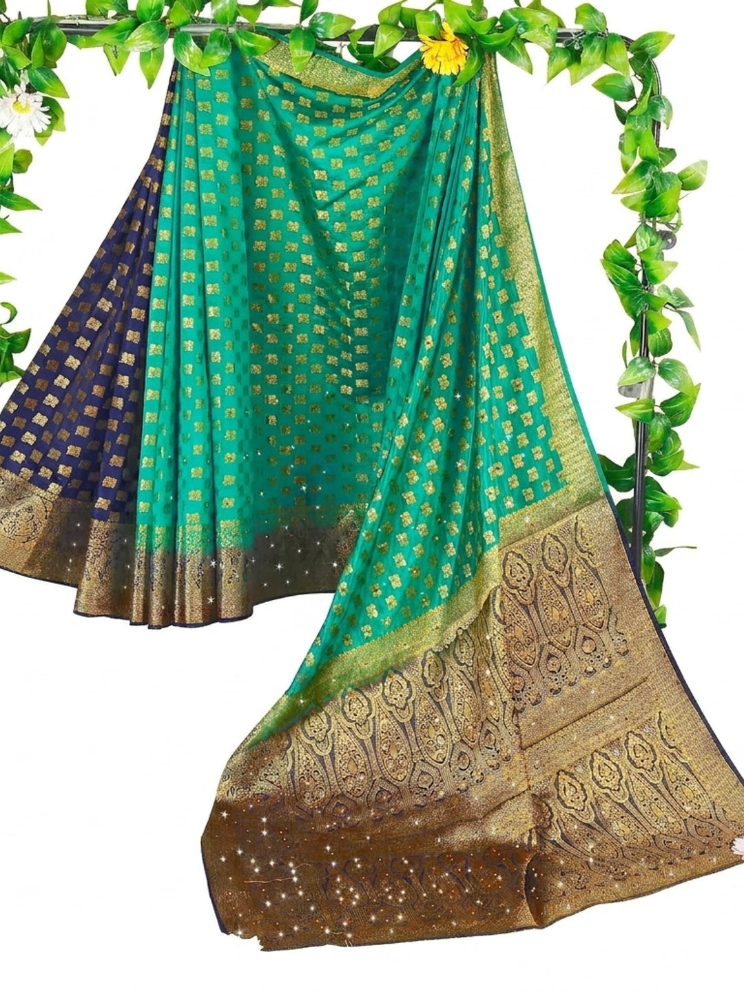 Green Woven With Stone Work Banarasi Silk Saree - Image 4