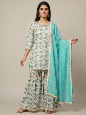 Off White & Turquoise Floral Foil Printed Mulmul Cotton Sharara Suit - Image 1