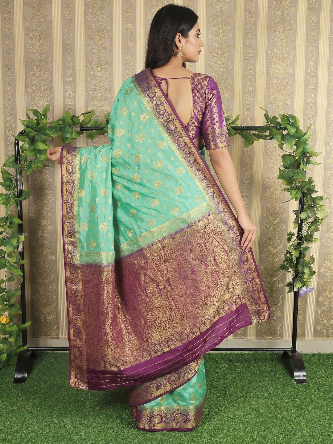 Sea Green Floral Woven Banarasi Silk Saree - Image 2