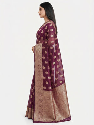 Wine Floral Woven Organza Saree With Tassels - Image 2