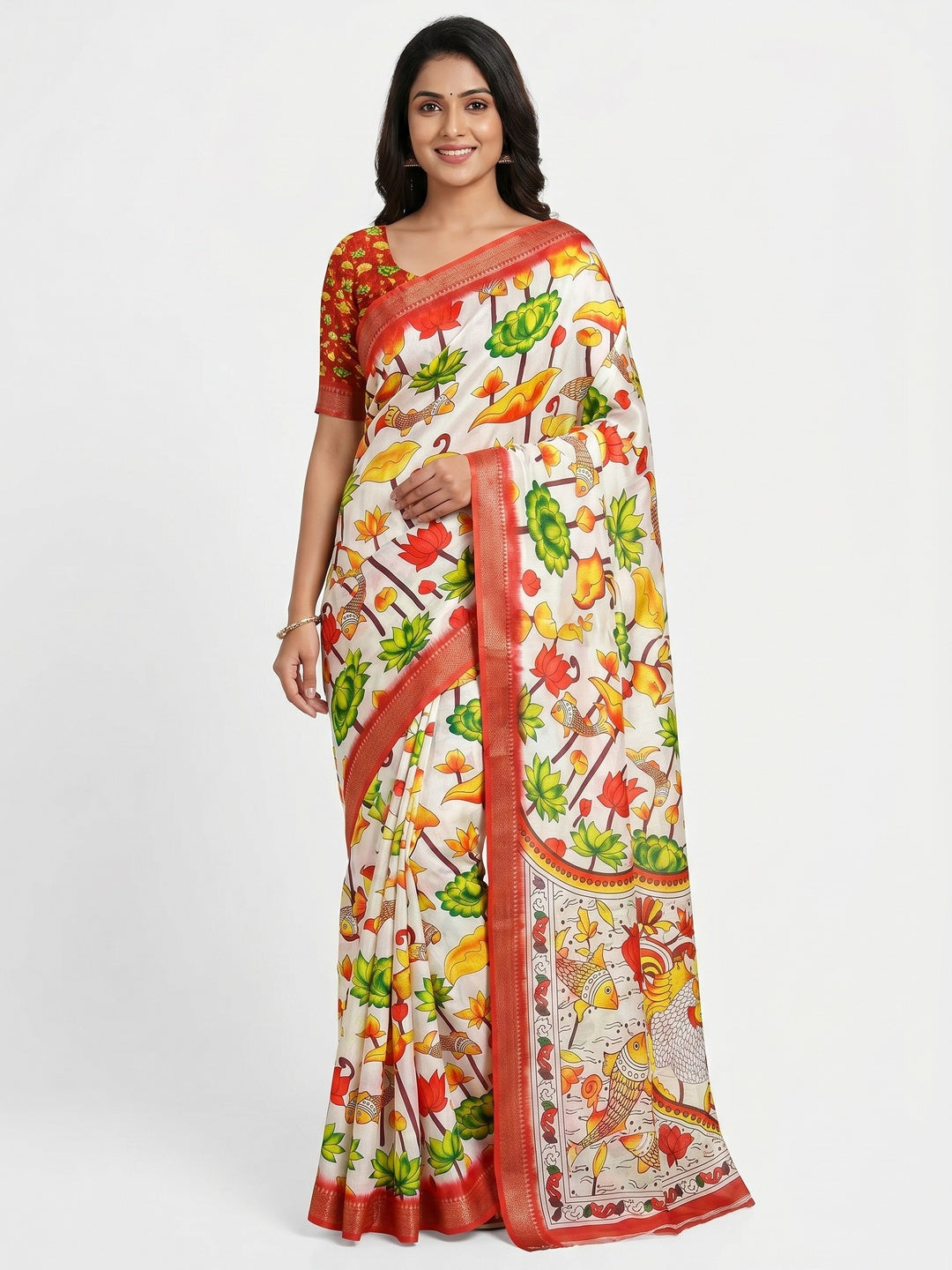 White Digital Printed Dola Silk Saree - Image 1