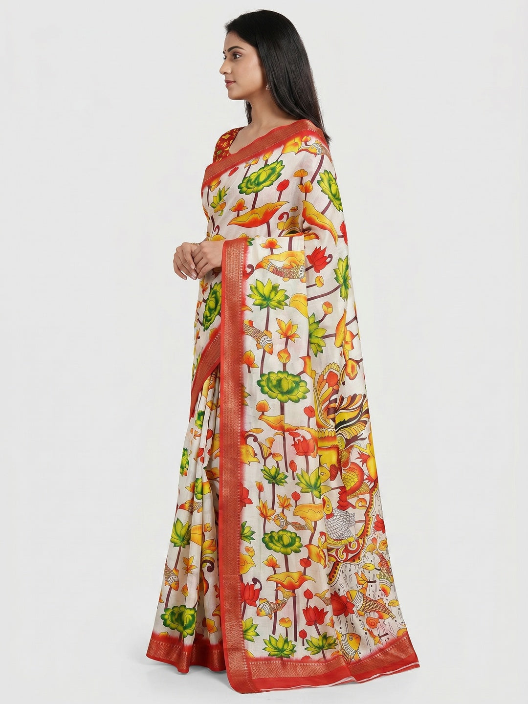 White Digital Printed Dola Silk Saree - Image 2