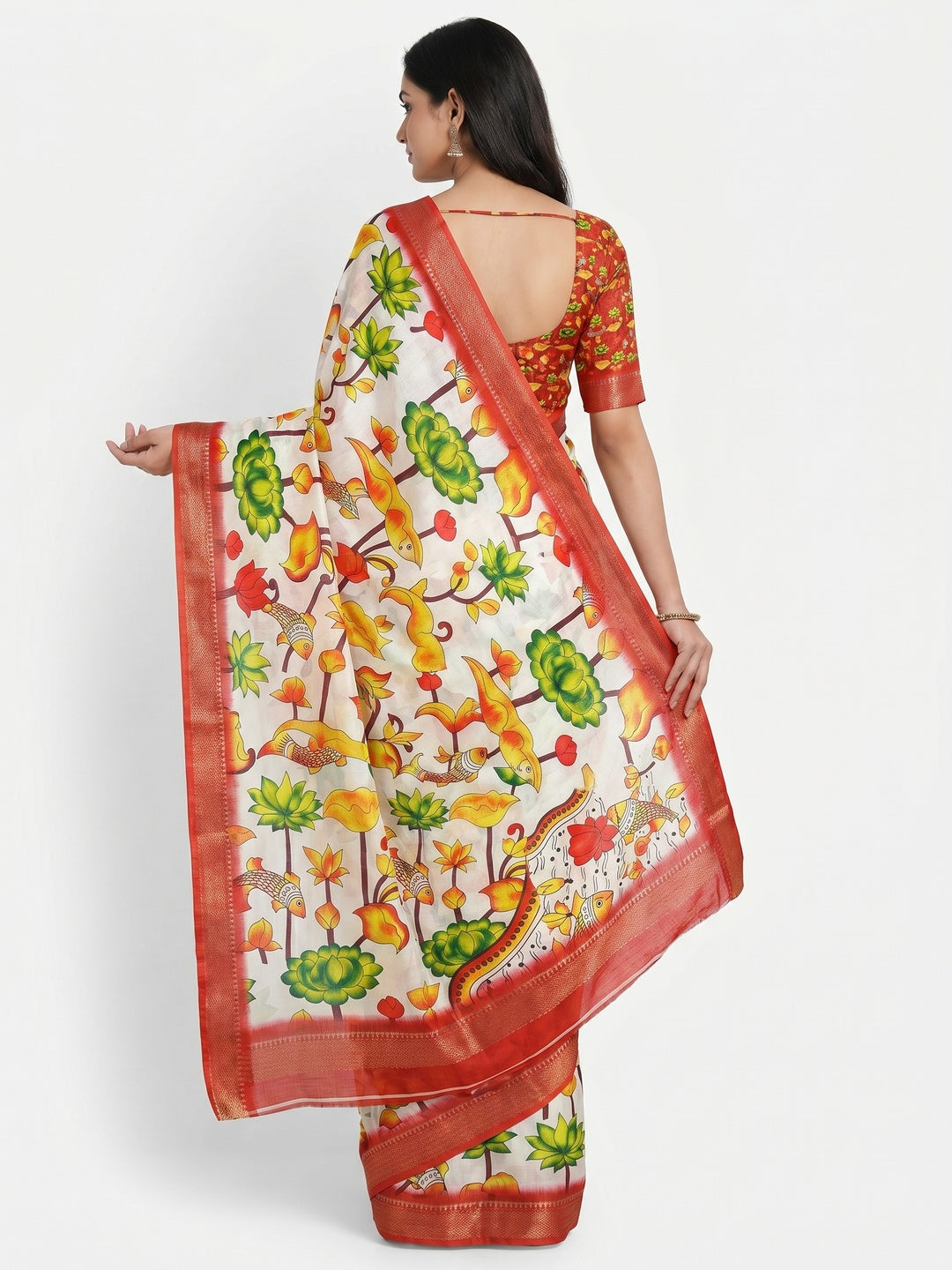 White Digital Printed Dola Silk Saree - Image 3