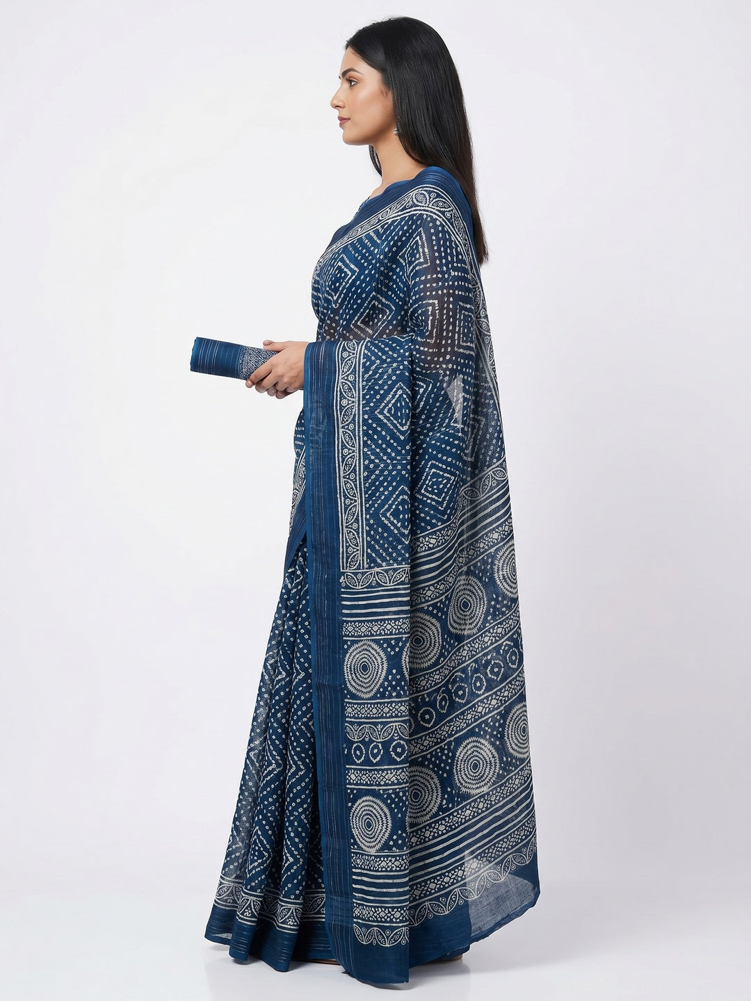 Blue Woven With Printed Linen Saree - Image 2