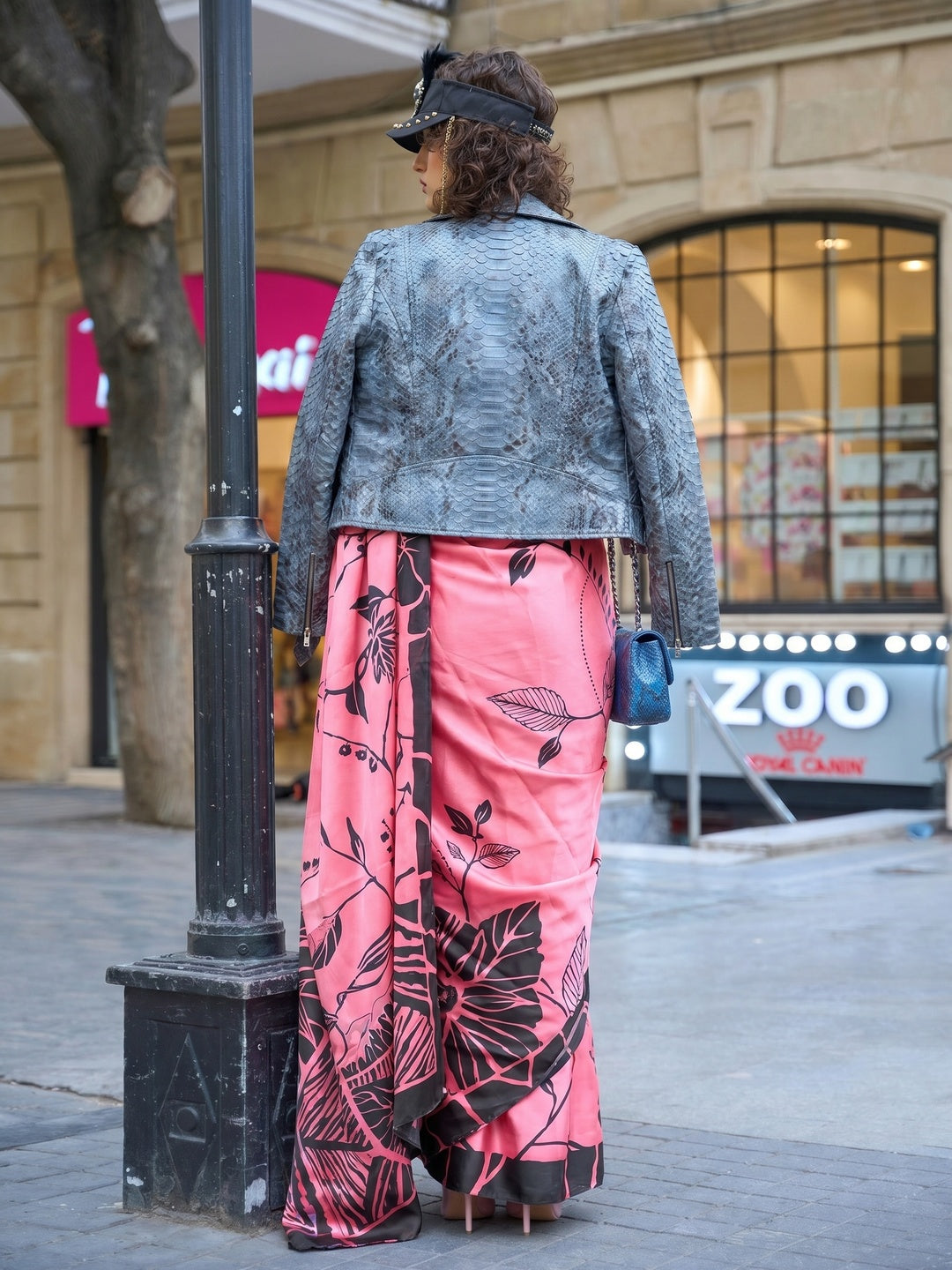 Pink Printed Satin Saree - Image 1